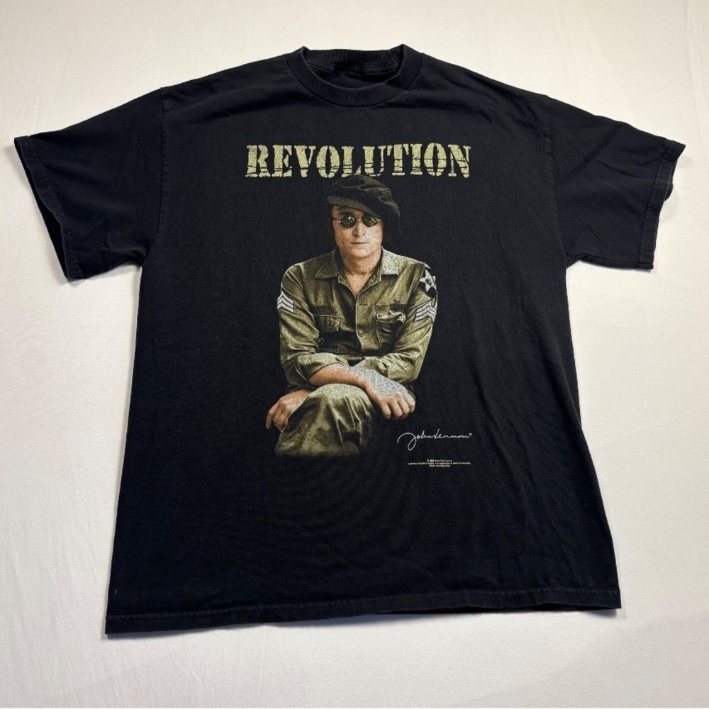 Vintage John Lennon Revolution Graphic T Shirt Men's Black Short Sleeve Large L